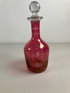 Vintage Cranberry Flash Glass Decanter Etched Grapes Design Faceted Stopper 10"